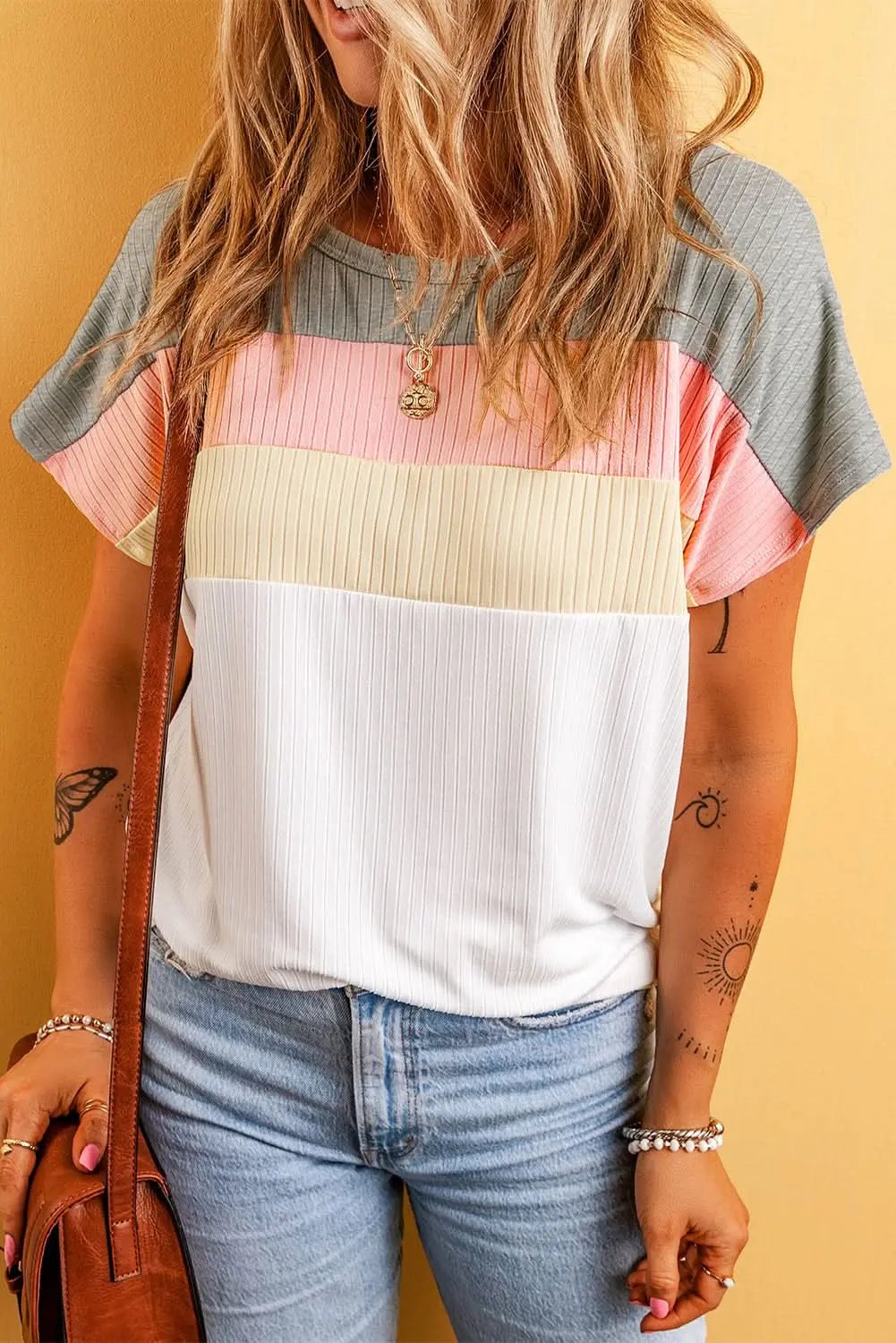 White Ribbed Color Block Patchwork T-shirt - Love Salve